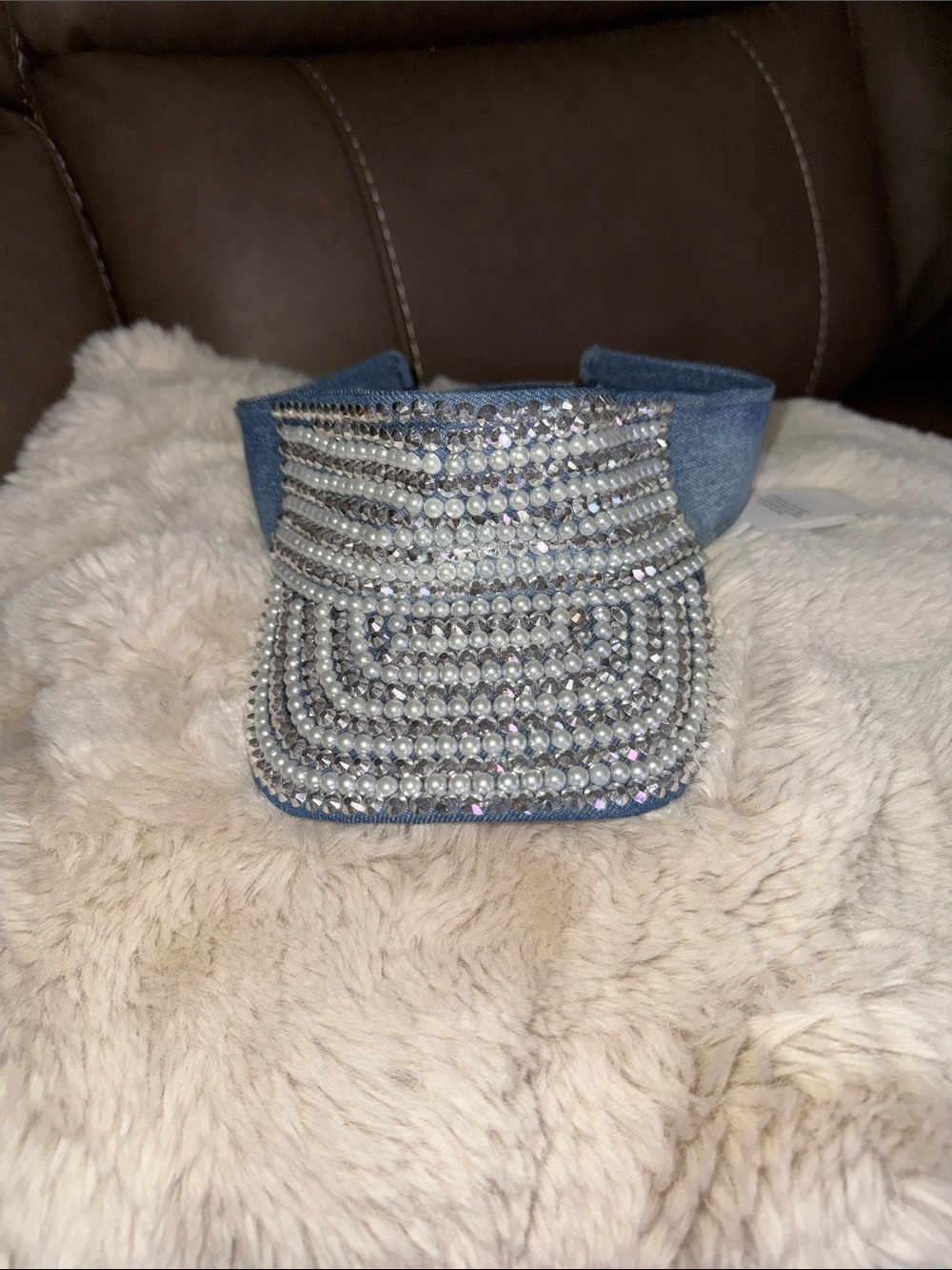 Embellished Denim Visor with Crystal and Pearl Accents